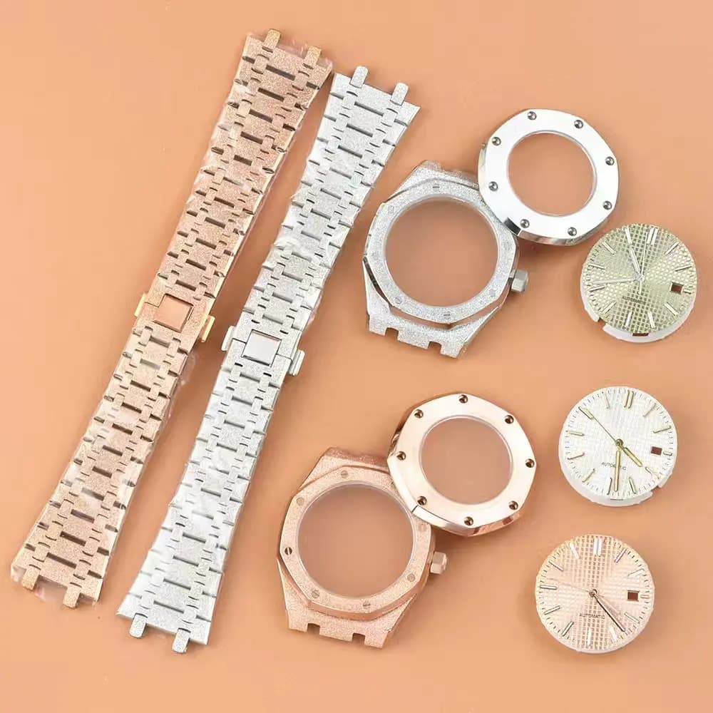 Cassa per orologio in oro rosa 41mm quadrante da 31,8 mm lancette NH35 bracciale in acciaio Stianless vetro zaffiro per movimento NH35 NH36 cassa in rovere reale
