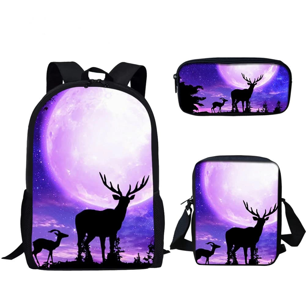 Harajuku Youthful Peculiar Animal Deer 3D Print 3pcs/Set Student Travel bags Laptop Daypack Backpack Shoulder Bag Pencil Case