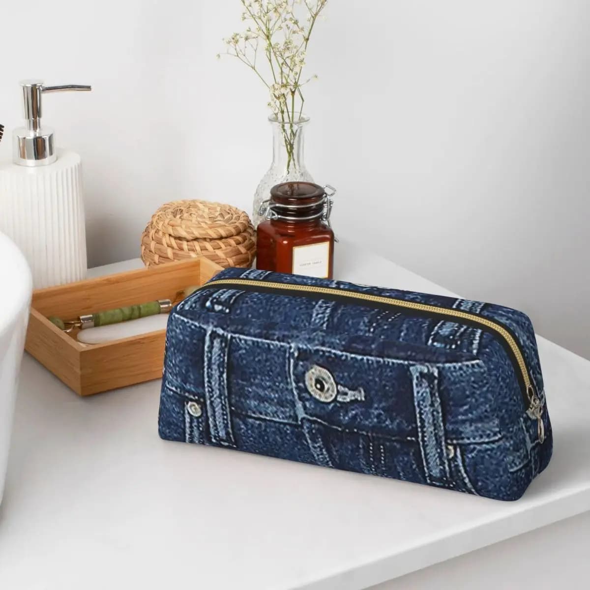 Astuccio Portapenne in Denim Blu Classico con Texture Jeans, Grande Capacità, per Ragazzi e Ragazze, Idea Regalo