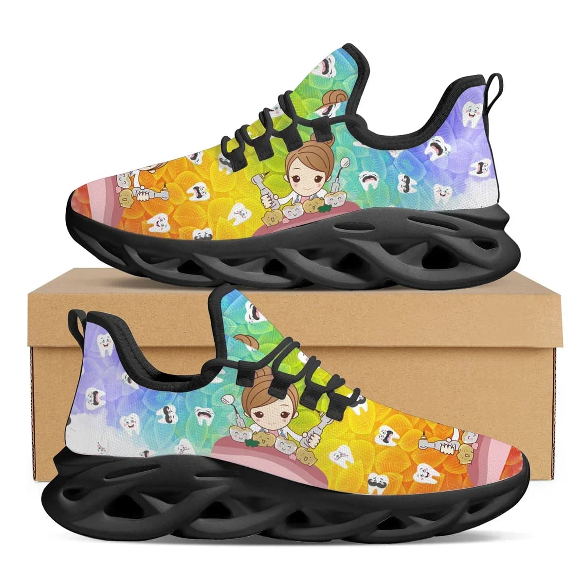 Doginthehole Gradient Dentist Nursing Shoes Cute Tooth Print Women's Sneakers Breathable Casual Jogging Shoes Zapatos Mujer