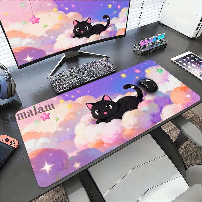 Tappetino per mouse Anime Cute Cat Gaming Kawaii, base in gomma antiscivolo, bordo bloccato, tappetino da scrivania per tastiera PC, accessori per ufficio per giocatori di eSports