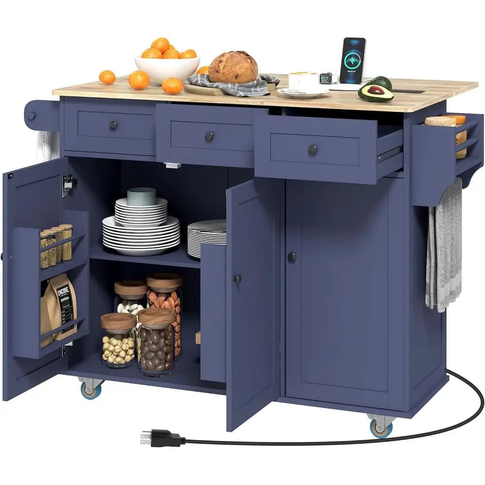 Isola da Cucina Mobile 53 con Presa di Corrente, Piano Ribaltabile, Top in Legno, Ripiani Regolabili, Porta Spezie e Portasciugamani in Blu