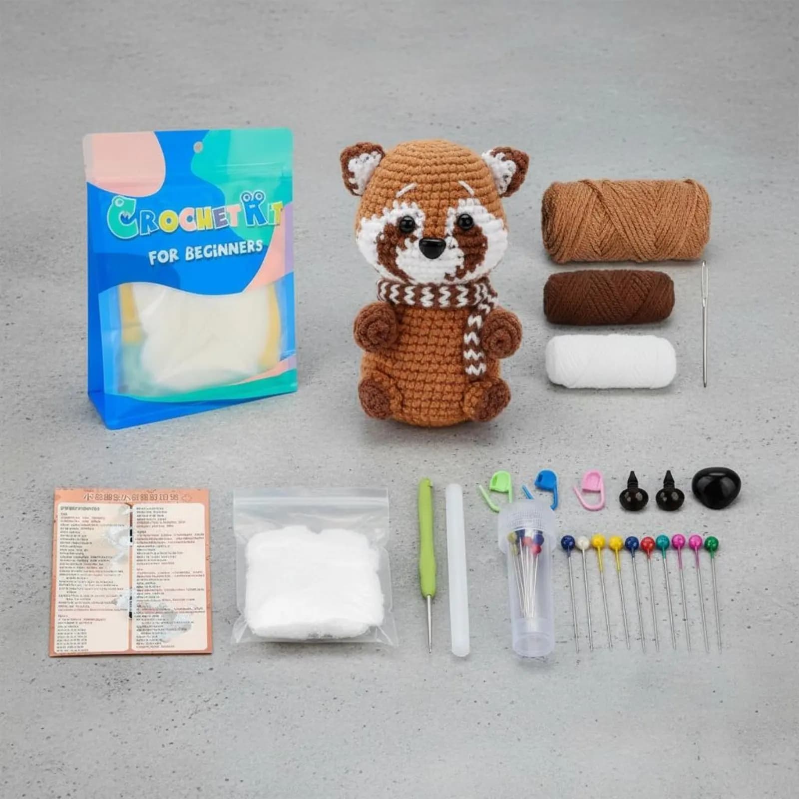 Kit per Uncinetto Panda con Istruzioni Dettagliate, Set DIY per Creare un Panda Rosso Amigurumi, Facile da Imparare per Principianti