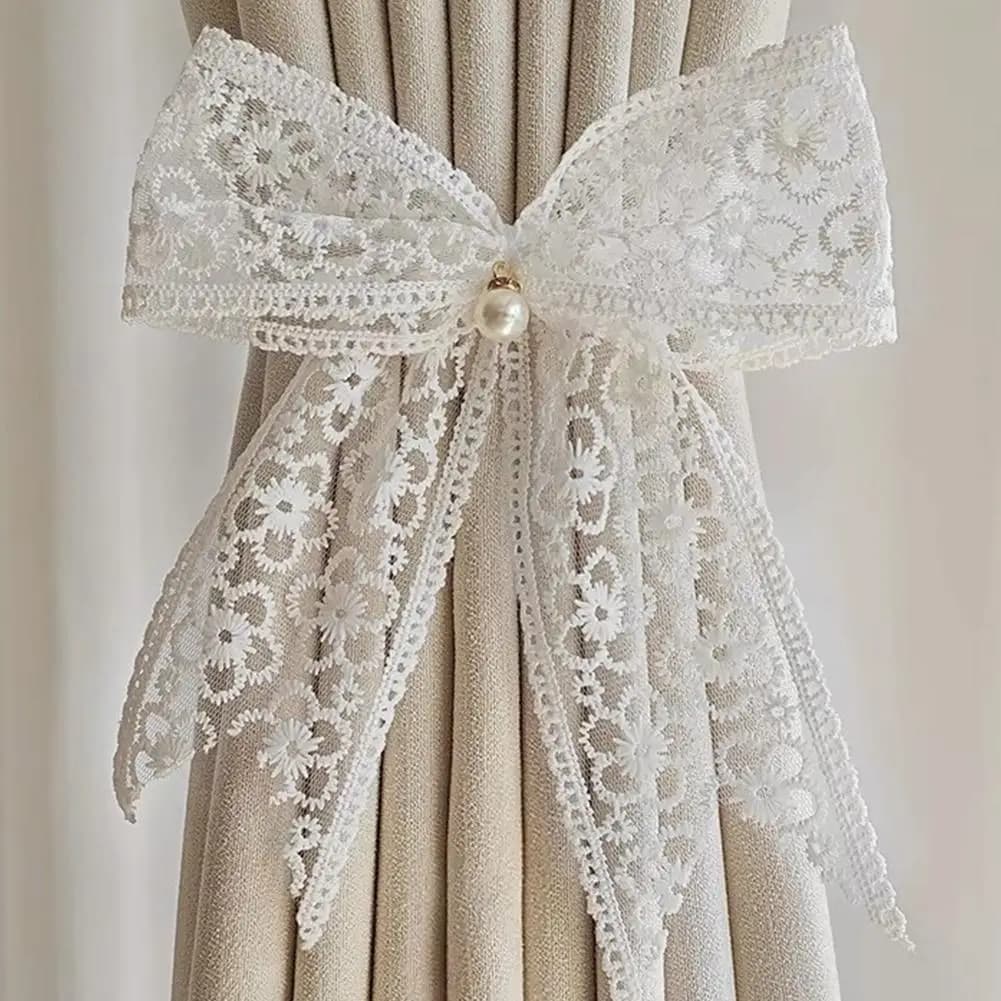 Curtain stop with Pizzo bow, Beige Decorative Hook in Polyester, Home Accessories