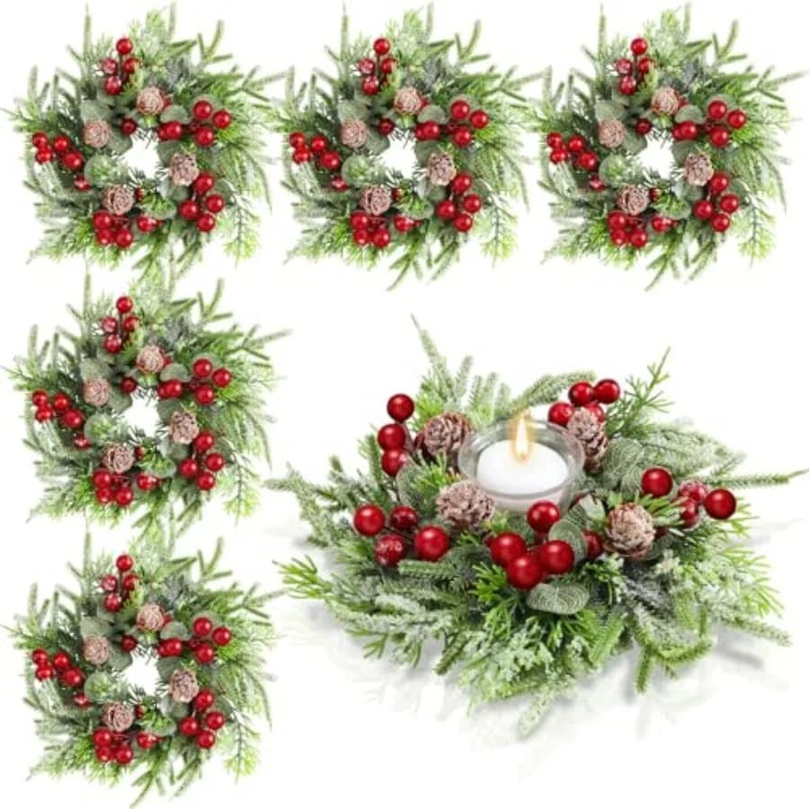 Pcs Christmas Candle Rings Wreath Xmas Kitchen Cabinet Mini Wreath Artificial Berries Snowy Pine Candle Ring Holder for Christm