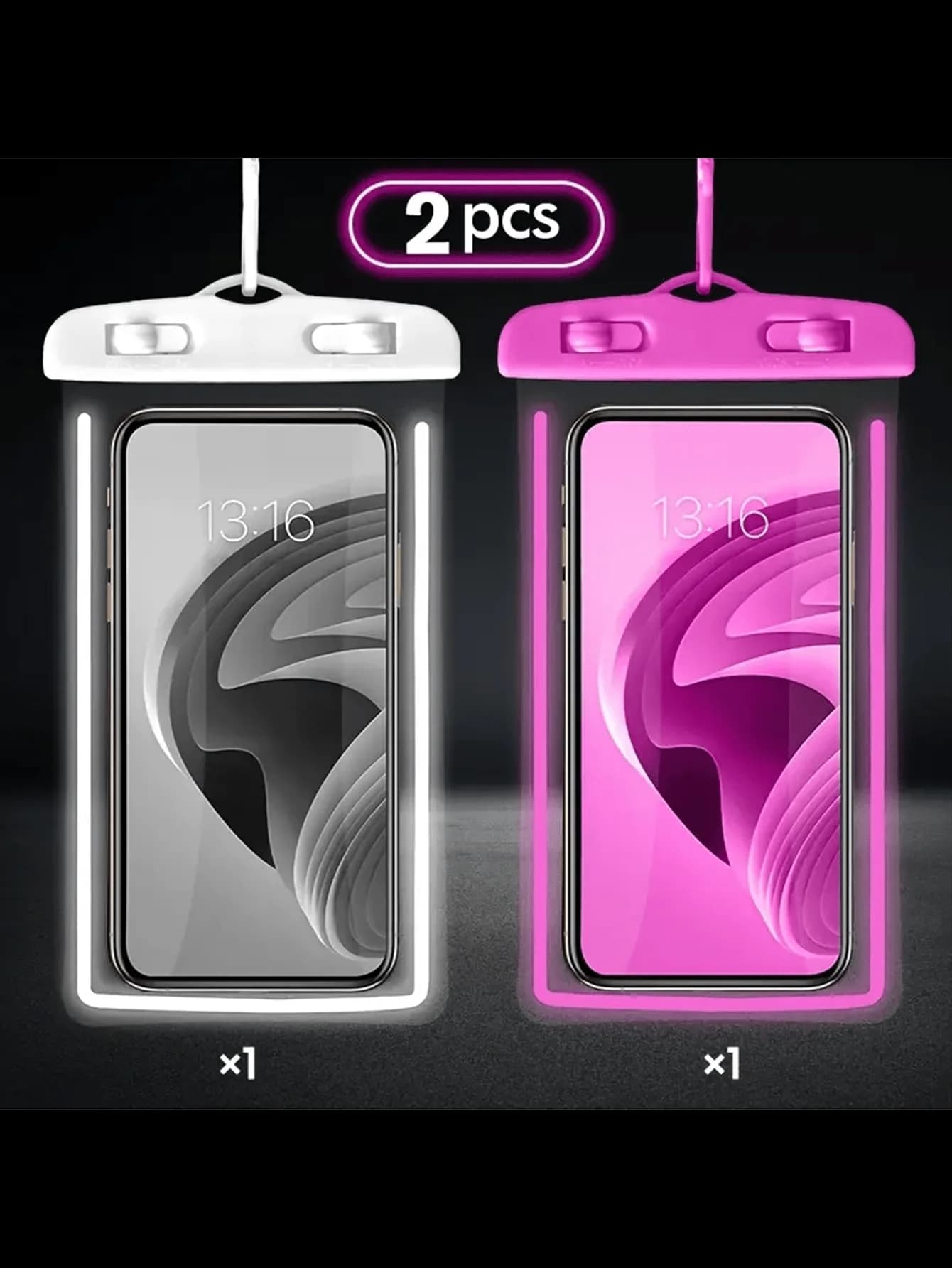 Pack of 2 waterproof light cases for phone with touch screen functionality, self-sealing case for swimming, beach diving, photo, drifting, waterproof transparent case for phone
