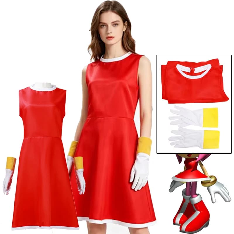 Costume Cosplay Anime Amy Rose, Abito Rosso Rosy The Rascal, Outfit da Gioco per Donne, Vestito per Feste di Halloween e Giochi di Ruolo