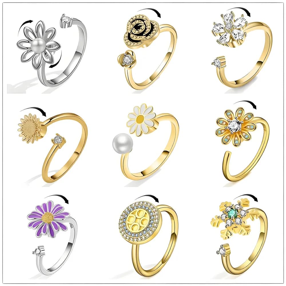 Squisiti anelli fidget spinner a forma di girasole per donne, anelli rotanti anti-stress e anti-ansia, accessori gioiello.