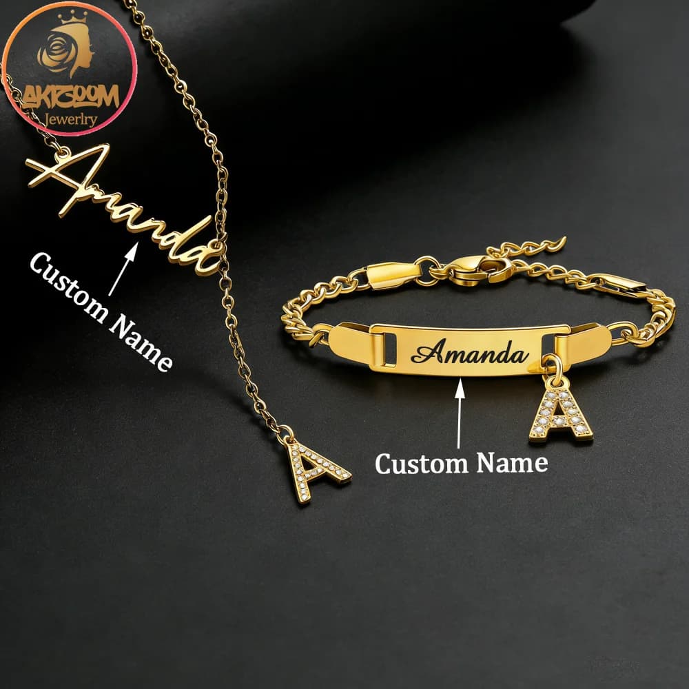 Akizoom Custom Name Zircon Letter Necklace Bracelet Stainless Steel Personalized Name Jewelry Set for Woman Kid Birthday Gift