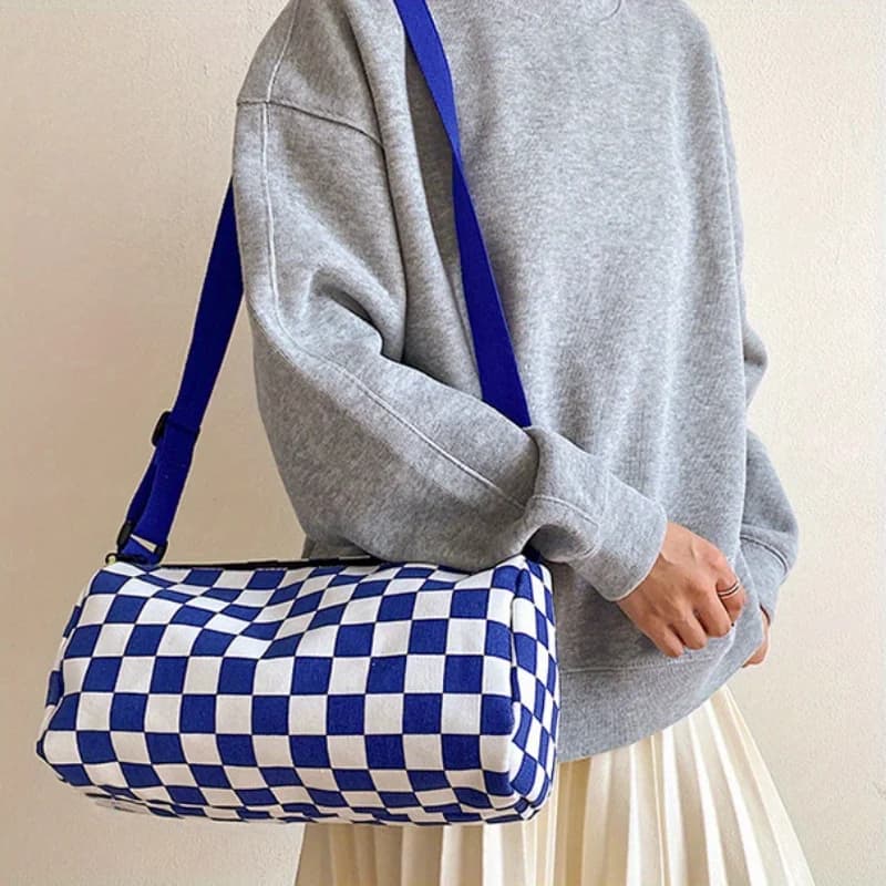Borsa a tracolla chic in tela scozzese da donna: tracolla regolabile, chiusura con zip, design sportivo con cuscino Boston