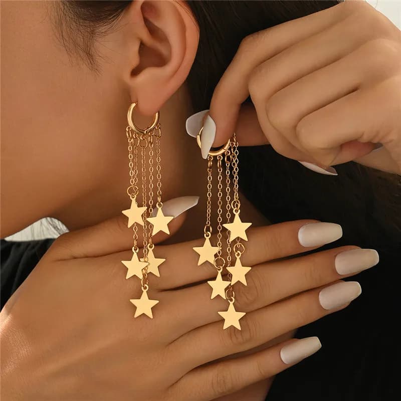 Bohemia Gold Color Star Tassel Hoop Earrings for Women Minimalist Long Chain Celestial Star Dangle Earring Girls Wedding Jewelry