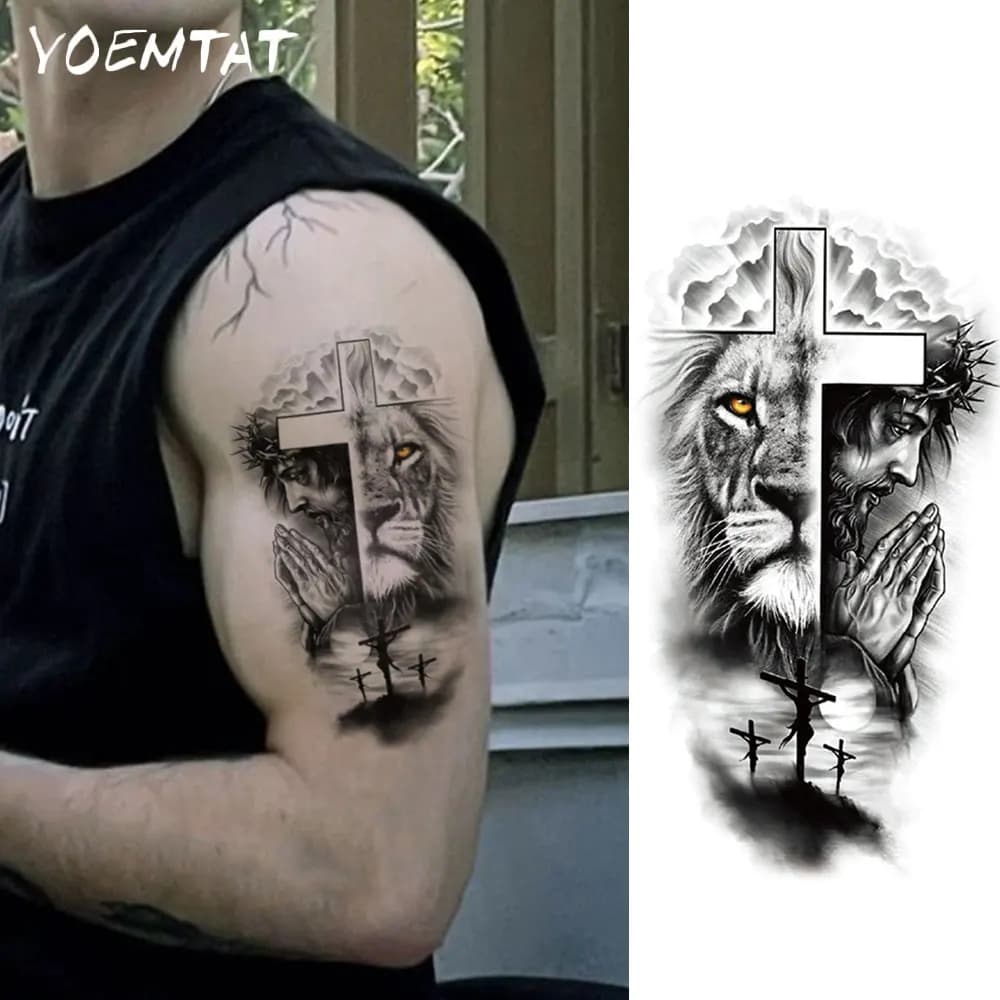 Adesivo tatuaggio temporaneo impermeabile Leone nero Gesù Preghiera Croce Spine Animale Body Art Braccio Gamba Tatuaggi finti Manica Donna Uomo