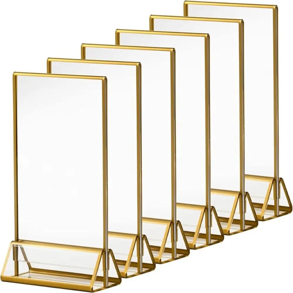 Porta Cartelli in Acrilico Trasparente Dorato con Base, Elegante Porta Etichette, Cornice Durevole per Foto e Segnaposto Fai-da-Te per Cene e Feste