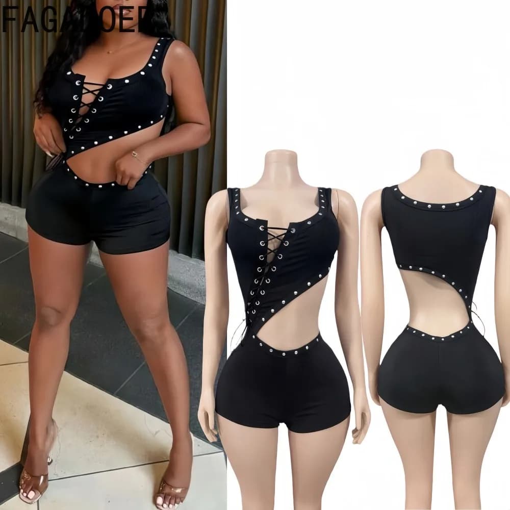 FAGADOER Tuta Sexy con Patchwork Irregolare e Bendaggi, Senza Maniche, Scavata, con Schiena Scoperta, da Donna, Stile Streetwear, Nuova