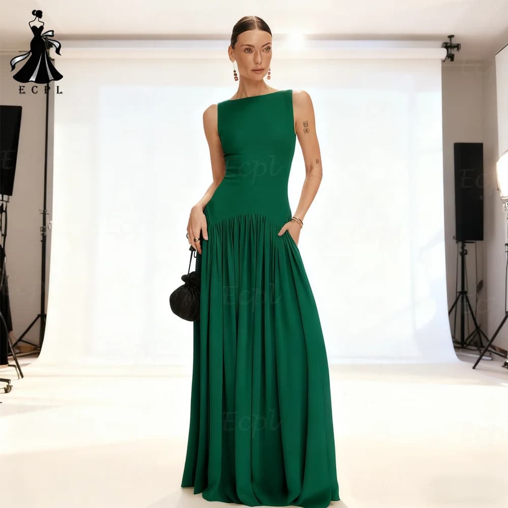 Ecpl O-Collo Raso Prom Party Gown 2025 Senza maniche Backless Abito da sera Senza spalline A-Line abiti da festa PersonalizzatoEcpl O-Collo Satin Prom Party Abito 2025 senza maniche Abito da sera senza schienale Spaghe