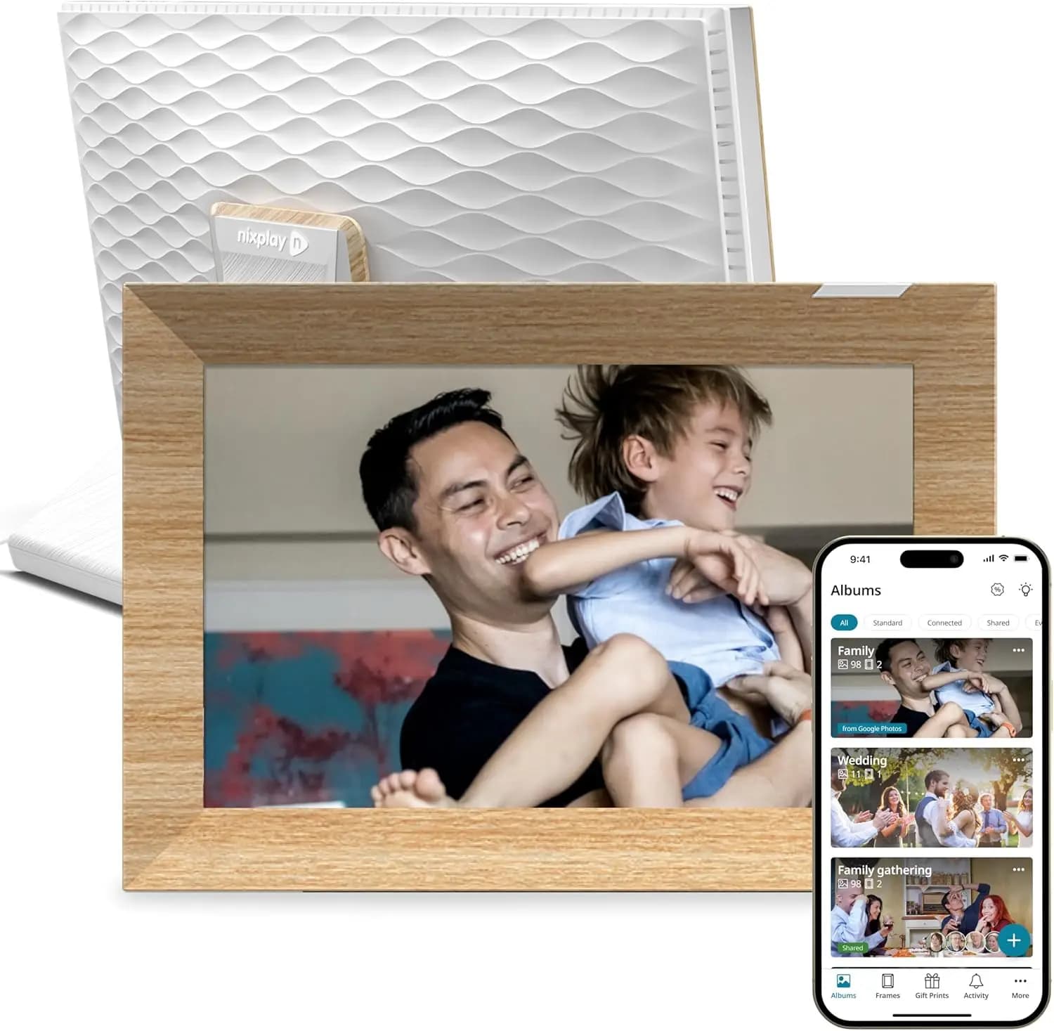 Digital touch screen frame with WiFi - 10.1 photo frame, family and friends connection (white/wood)