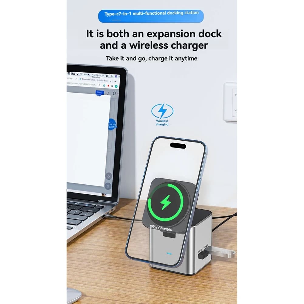 A32M Docking Station 7 in 1 Type-C con Caricatore Wireless Magnetico 15W, Hub USB-C con USB3.0, USB2.0, HD 4K@30Hz, PD100W