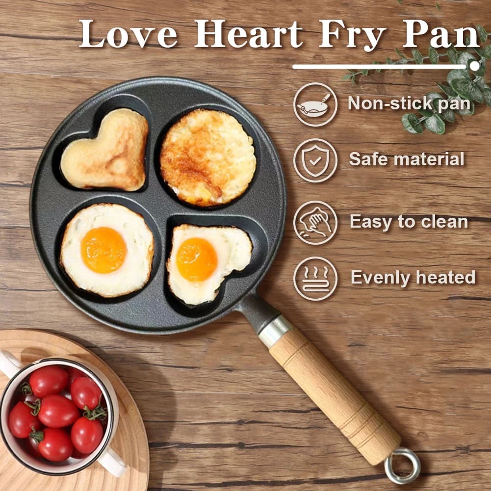 4 Hole Omelet Pan Egg Frying Pan Granite Coating Fried Egg Pan Wooden Handle Iron Pancake Pan Multi-Function for Breakfast