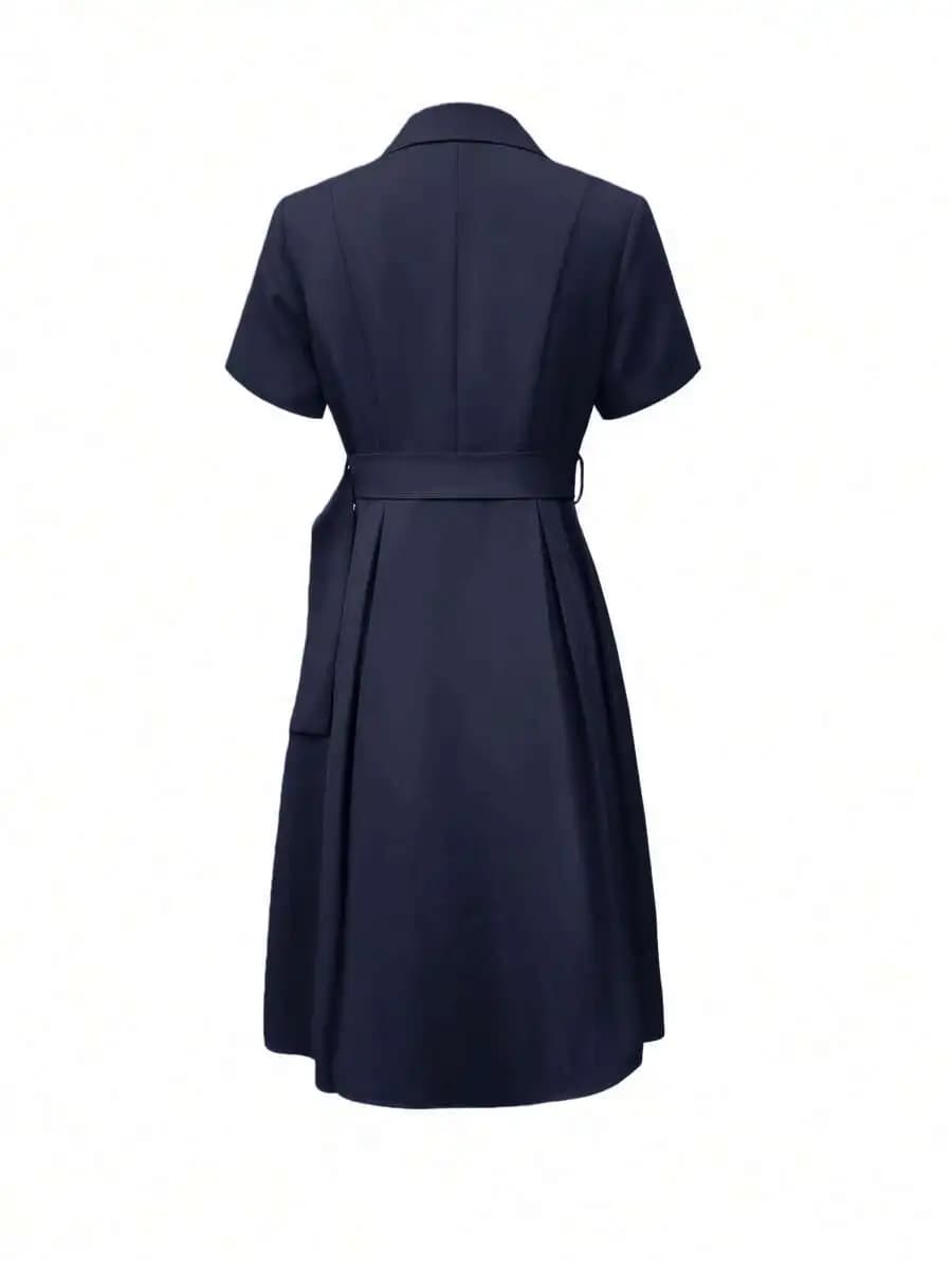 Elegant Minimalist Short Sleeve A-Line Dress With Lapel Collar And Waist Belt