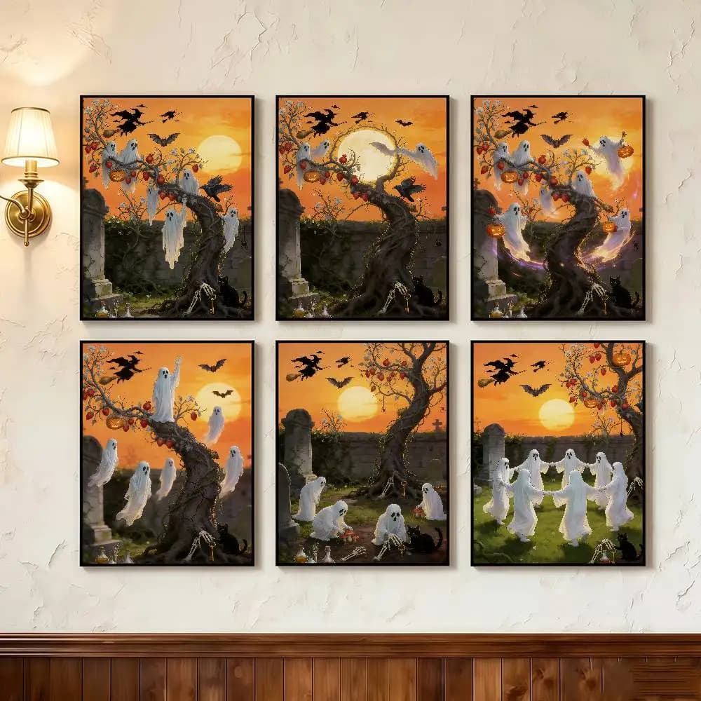 Orange Halloween Ghost Tree Black Cat Witch Poster Stickers Art Print Retro Artistic Wall Decor HD Living Room Decor Unique Gift