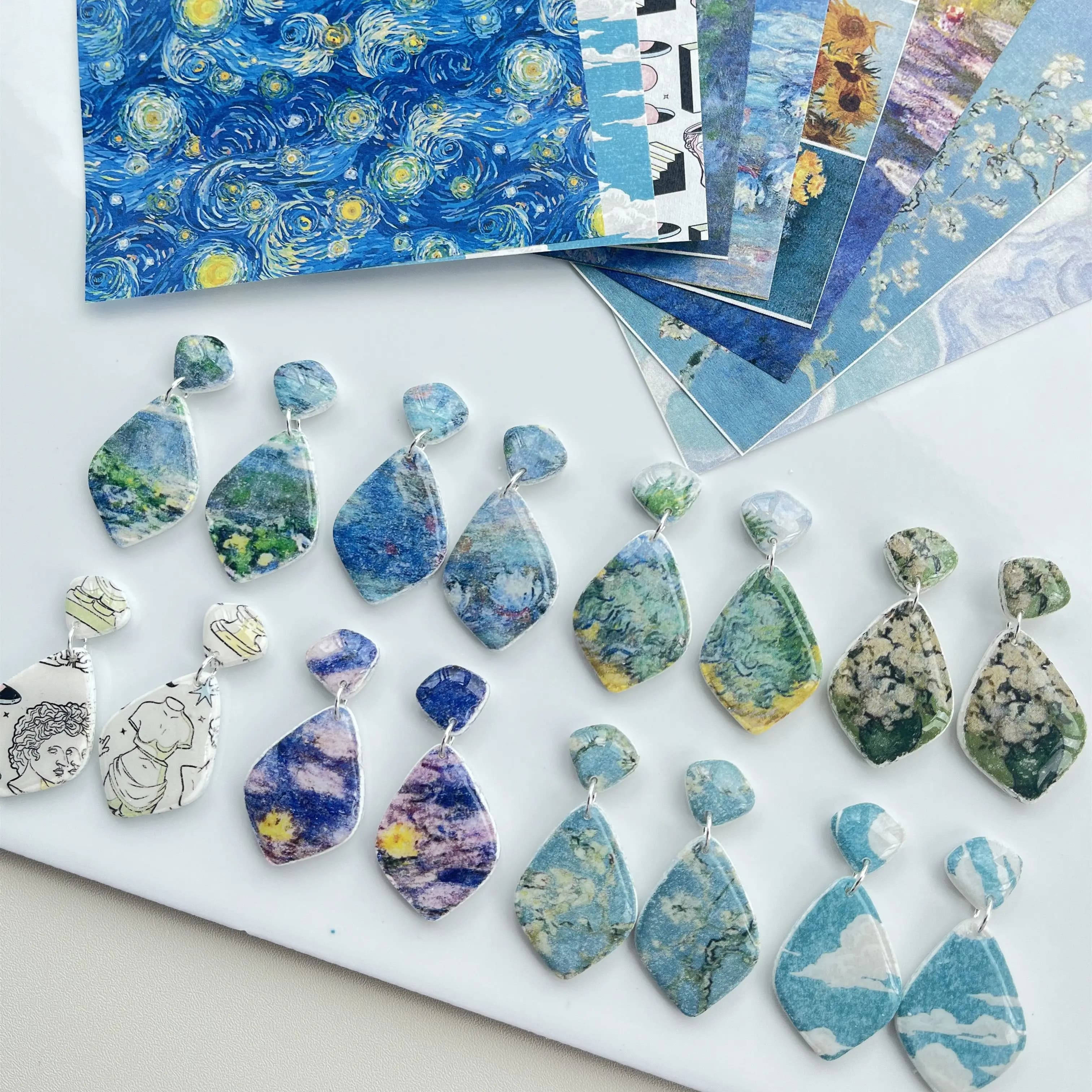 Van Gogh Serie Monet Ceramica morbida Carta speciale per trasferimento di acquerello Orecchini fai da te Adesivi per colorare gioielli Strumenti in argilla polimerica