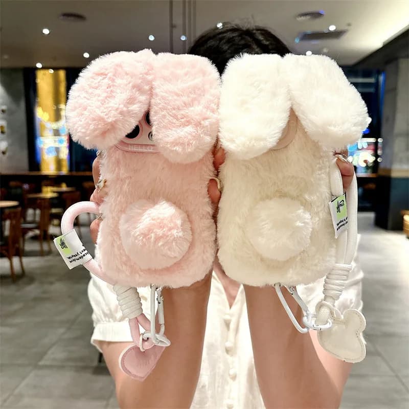 3D simpatico cartone animato orecchie di coniglio caldo peloso peluche coniglietto cassa del telefono con cordino per iPhone 15 14 13 12 11 16 Pro Max copertura antiurto