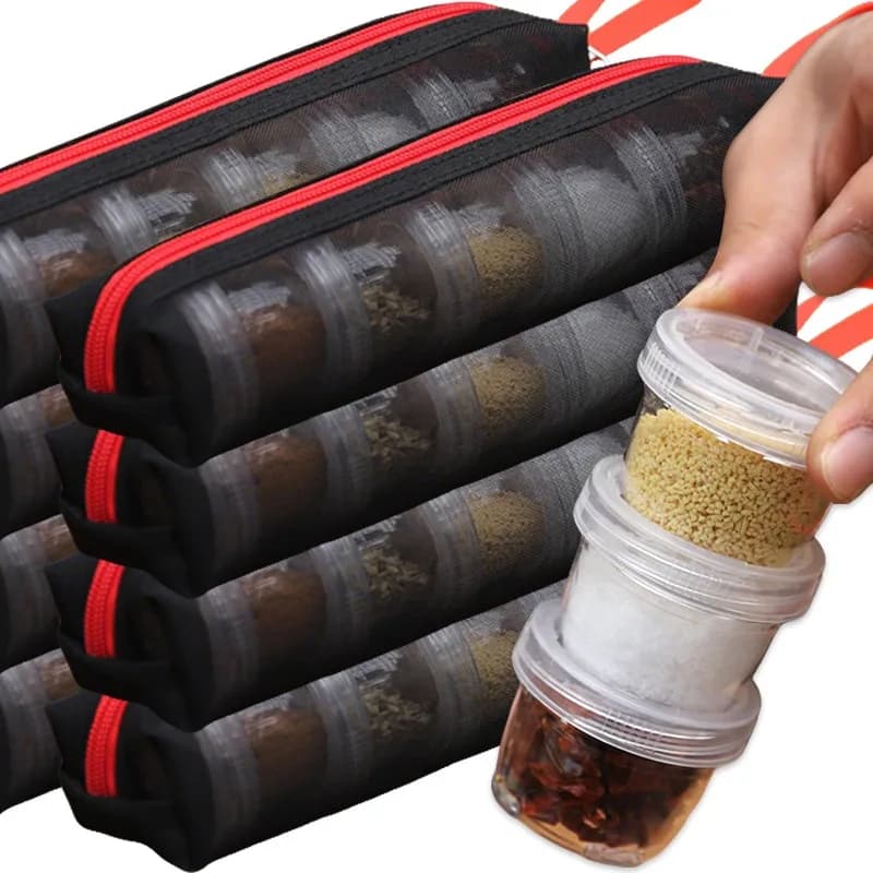 Kit di Spezie da Campeggio con Bottiglie Trasparenti e Borsa con Cerniera in Nylon, Contenitore per Condimenti per Picnic e Barbecue all'Aperto