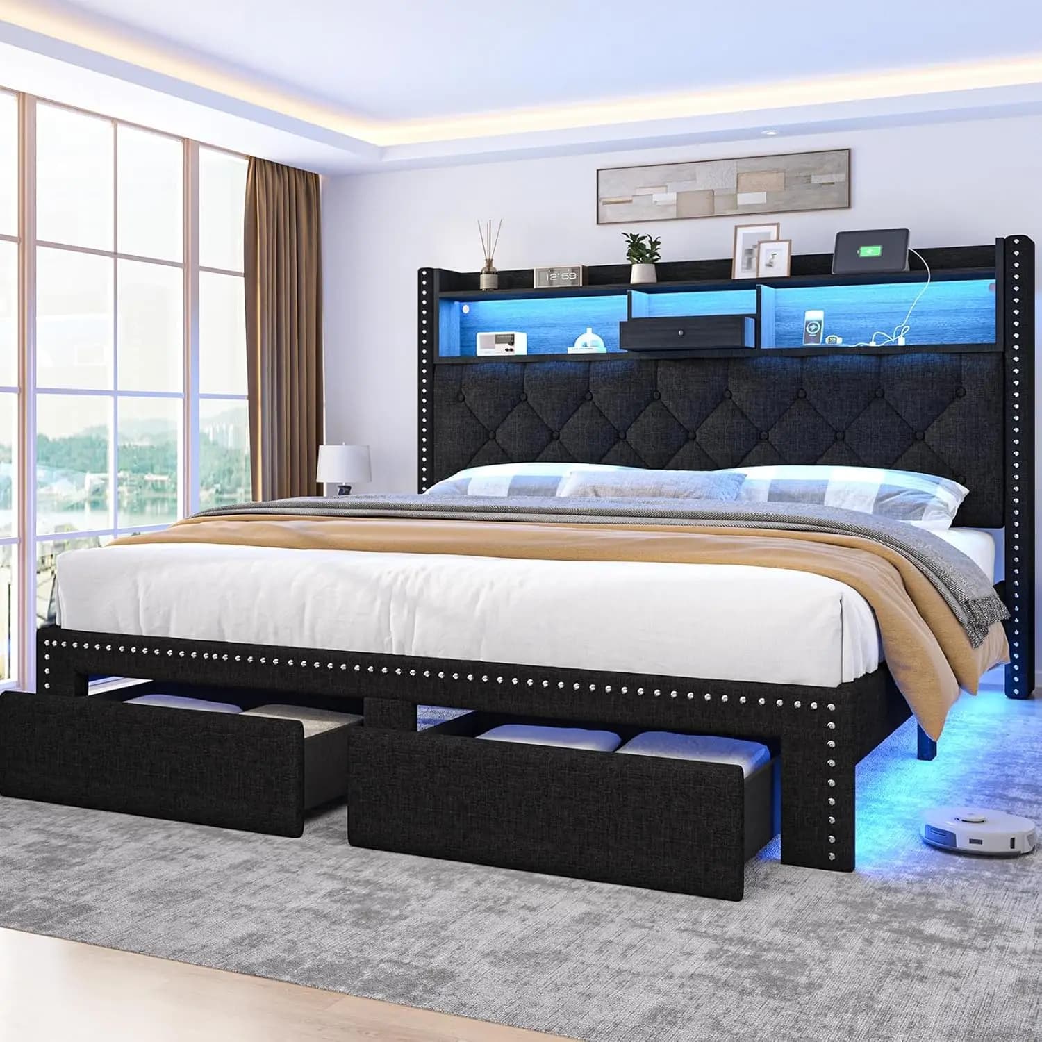 Double linen bed structure with 2-level headboard with container and charging station, padded bed with platform, customizable