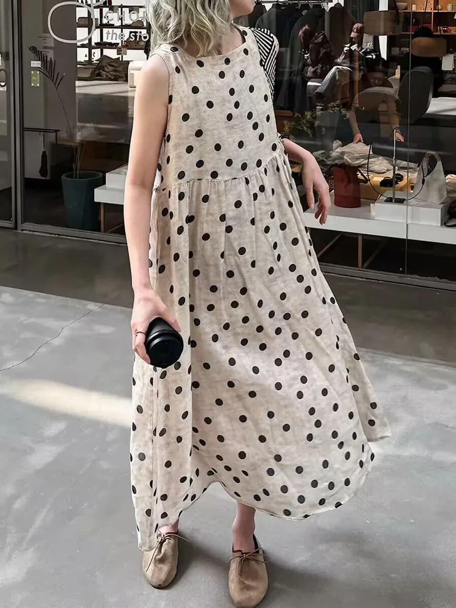Bohemian Polka Dot Sleeveless Dress Women's Summer New Loose Casual Anti-Aging All-Match Vest Skirt Retro High Waist A-Line S...