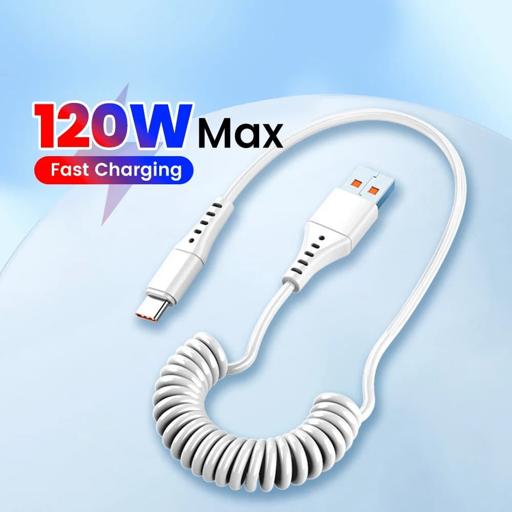 Cavo USB da 120 W da USB A a Tipo-C C, cavo dati retrattile a molla per ricarica rapida, per cellulari iPhone, Samsung, Xiaomi, Huawei, Oneplus