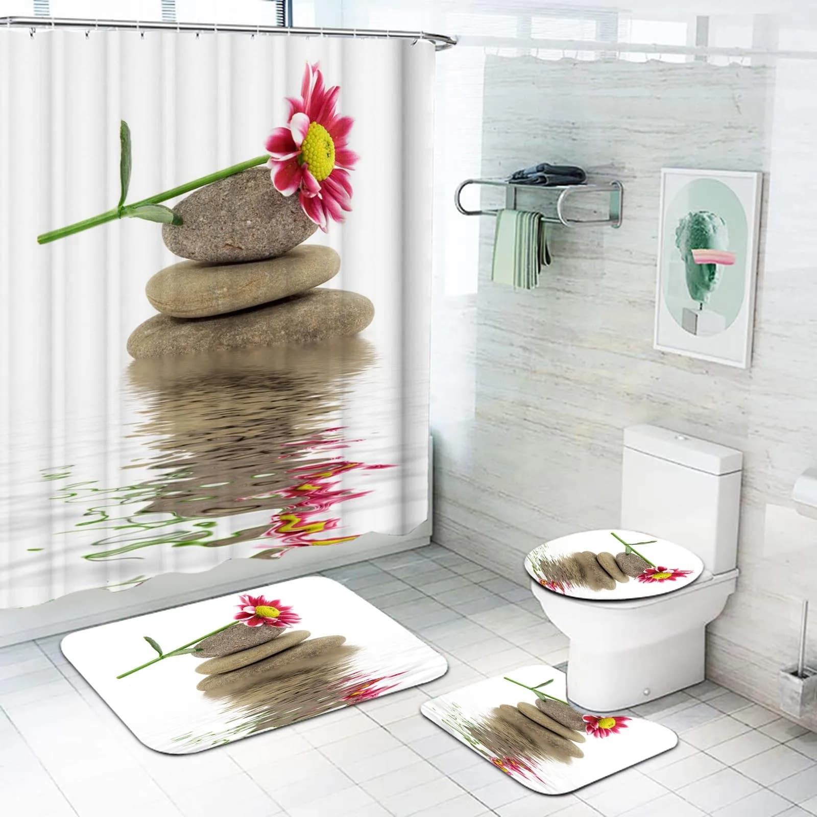 Cartoon Plant landscape Shower Curtain Cute 4 Piece Bathroom Interesting Decorations Sets Full Set Accessories Curtains Bath