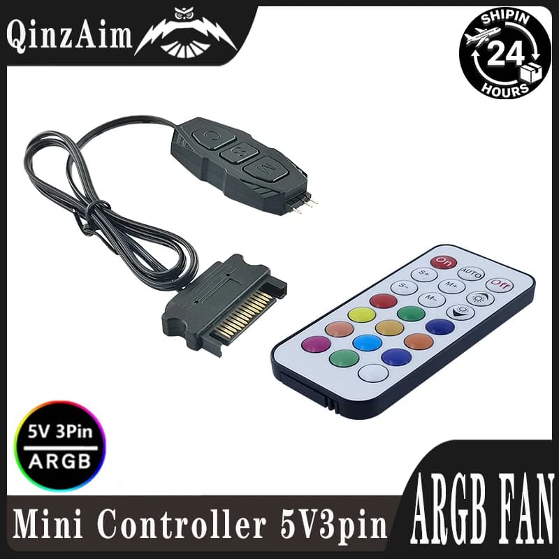 Mini RGB controller with remote control, HUB ARGB 5V 3Pin, SATA controller adapter, ARGB remote control for PC fans, cooling fans and light stripes.
