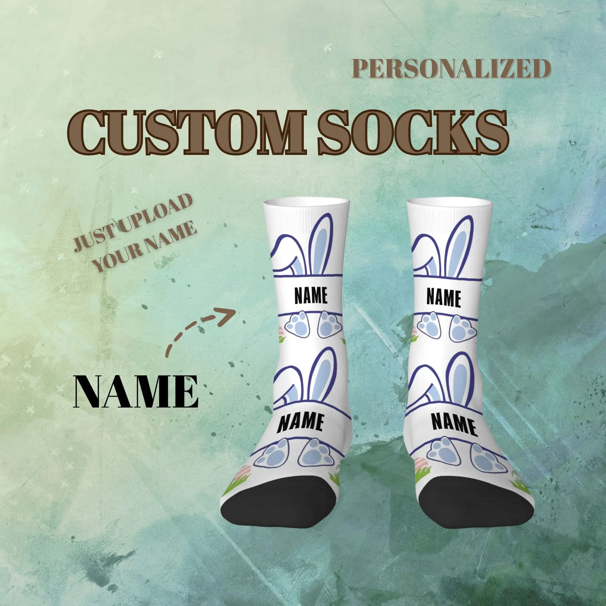 Fresh and Stylish Socks Easter Blue Bunny Paw Print Mid-calf Socks Customizable with Your Name Gift for Family and Friends