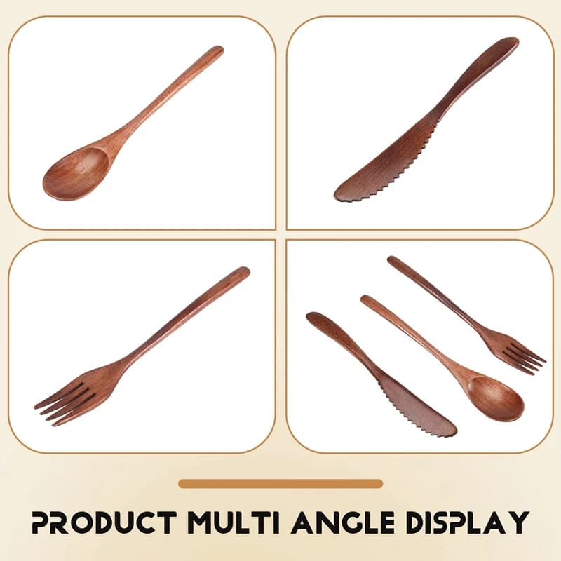 Set di posate in legno (cucchiaio, forchetta, coltello) - Set di utensili da tavola in legno per cucina (24 pezzi)