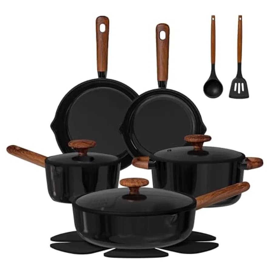 Set of 14 Non-Toxic Non-Toxic Non-Toxic and Salutar Kitchen Pots, Ceramics, PFAS Without and PTFE, Color Black