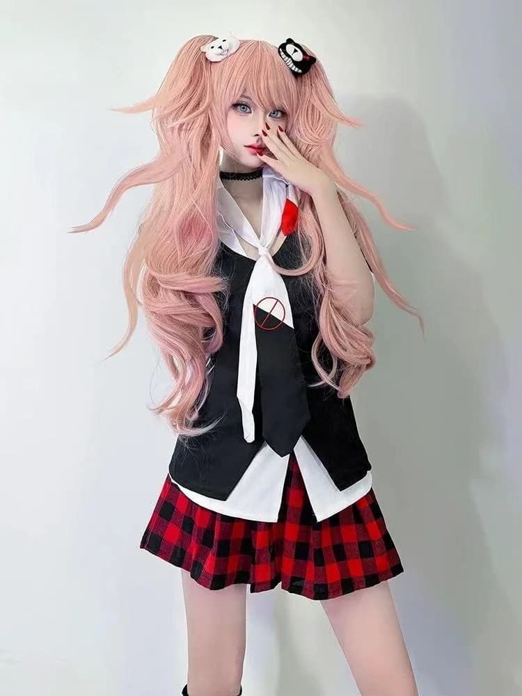 Cosplay costume Junko Enoshima Danganronpa, Uniform Scolastica Anime Dangan Ronpa, Monokuma Hair Clips, JK Dress for Women and Girls