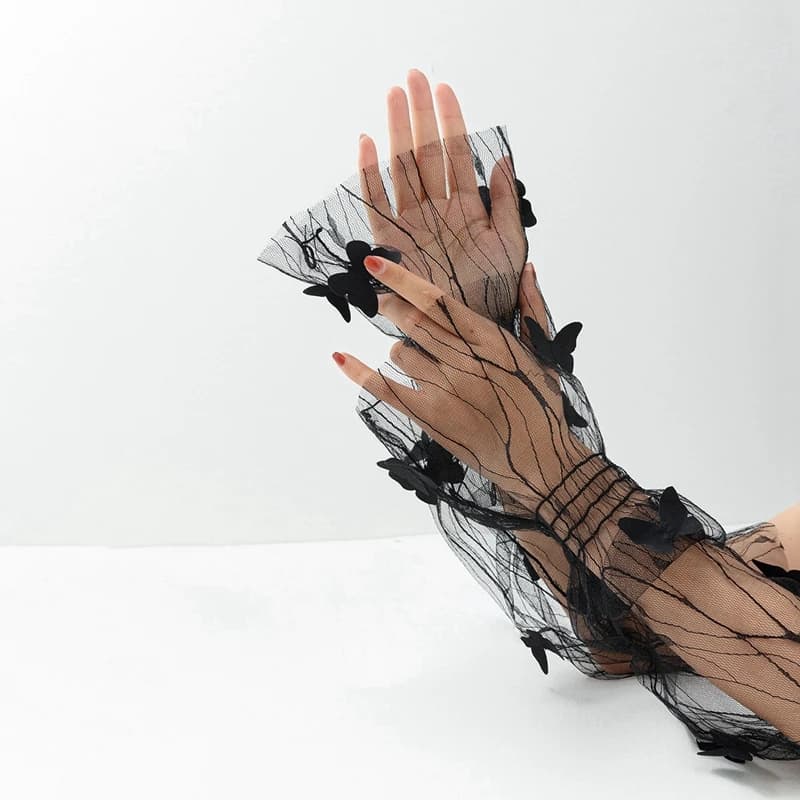oggetti di scena fotografici per nail art sexy pizzo nero manica a rete decorazione da tiro guanto lungo trasparente cavo Strumento per lo spettacolo di manicure