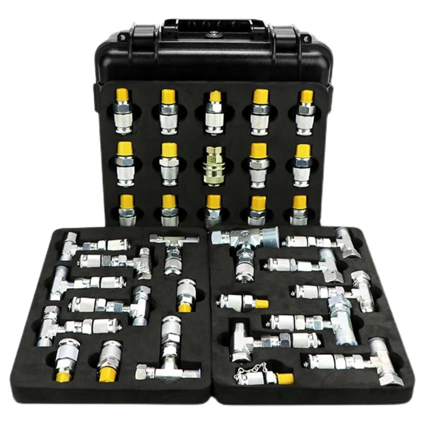 Kit adattatore manometro per manutenzione idraulica escavatore, con 20 connettori, 14 raccordi a T, valvola di distribuzione pilota e valvola di pressione a T per test pressione