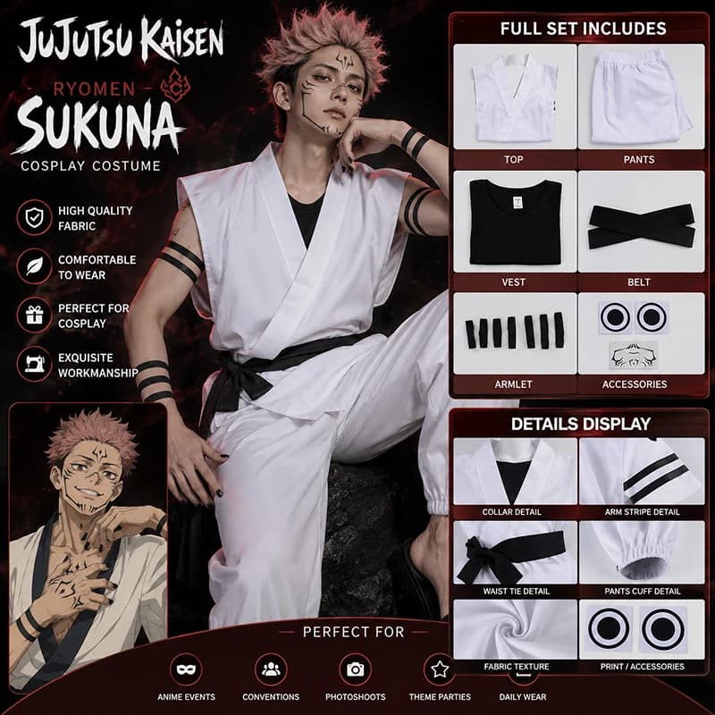 Ryomen Sukuna Cosplay Costumes White Kung Fu Suit with Tattoo Stickers Ryomen Sukuna as Megumi Showdown Comic Con Role Play cos