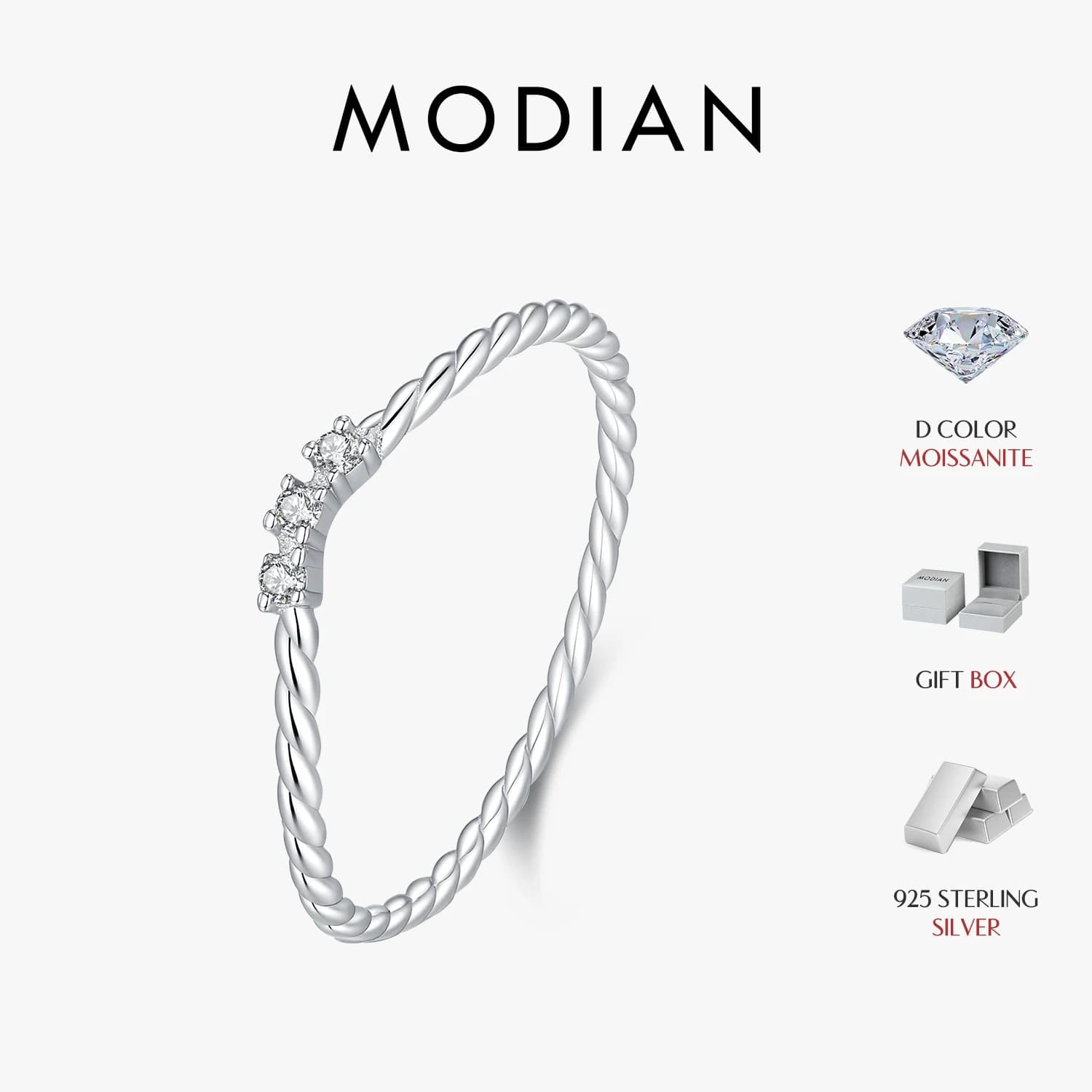 MODIAN Moissanite Twist Arrow Stacking Rings 925 Sterling Silver Light Luxury Daily Accessories Fine Jewelry for Women
