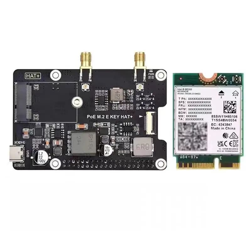 QWE-Per Raspberry Pi 5 Scheda di Espansione PCIe a M.2 E KEY con HAT+ PoE e Scheda di Rete Wireless Tri-Band BE200 per RPI 5