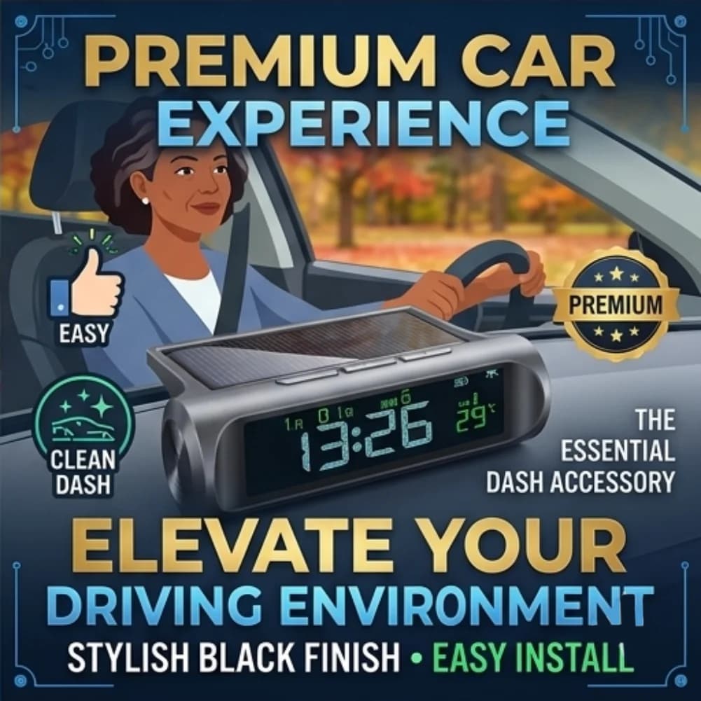 Orologio per Auto a Energia Solare con Termometro Digitale, Data, Settimana, Anno e Monitoraggio della Temperatura per Cruscotto Veicoli, Nero