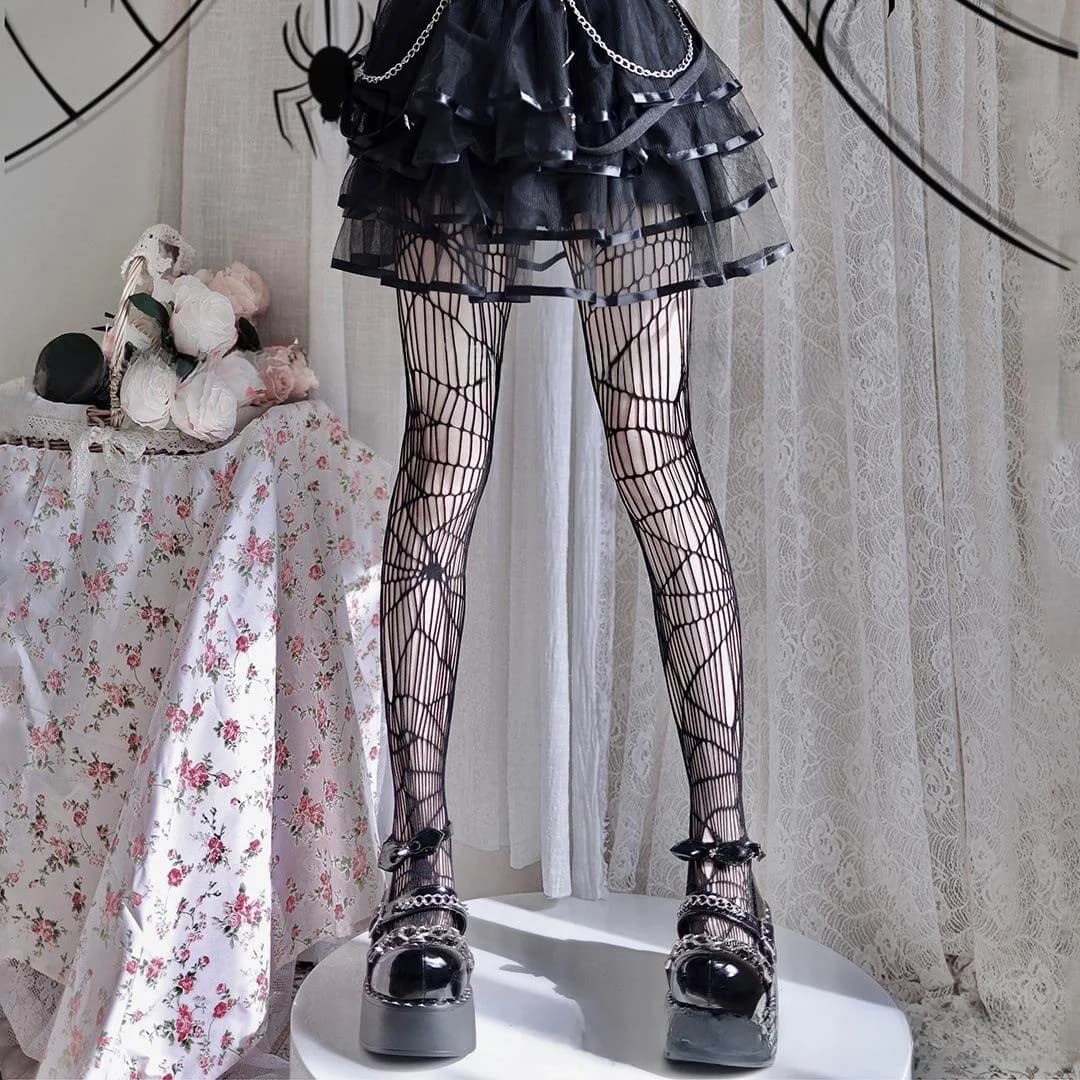 Collant a Rete Lunga Stile Gotico Serie Dark Halloween, Collant Traspiranti Sottili in Fibra Triacetato
