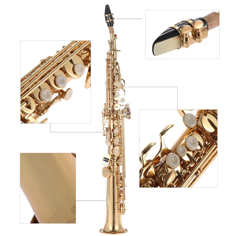 ammoon Brass Straight Soprano Bb Plate Sax Sassofono Winding instrument Natural shell Pattern carved with key for transport