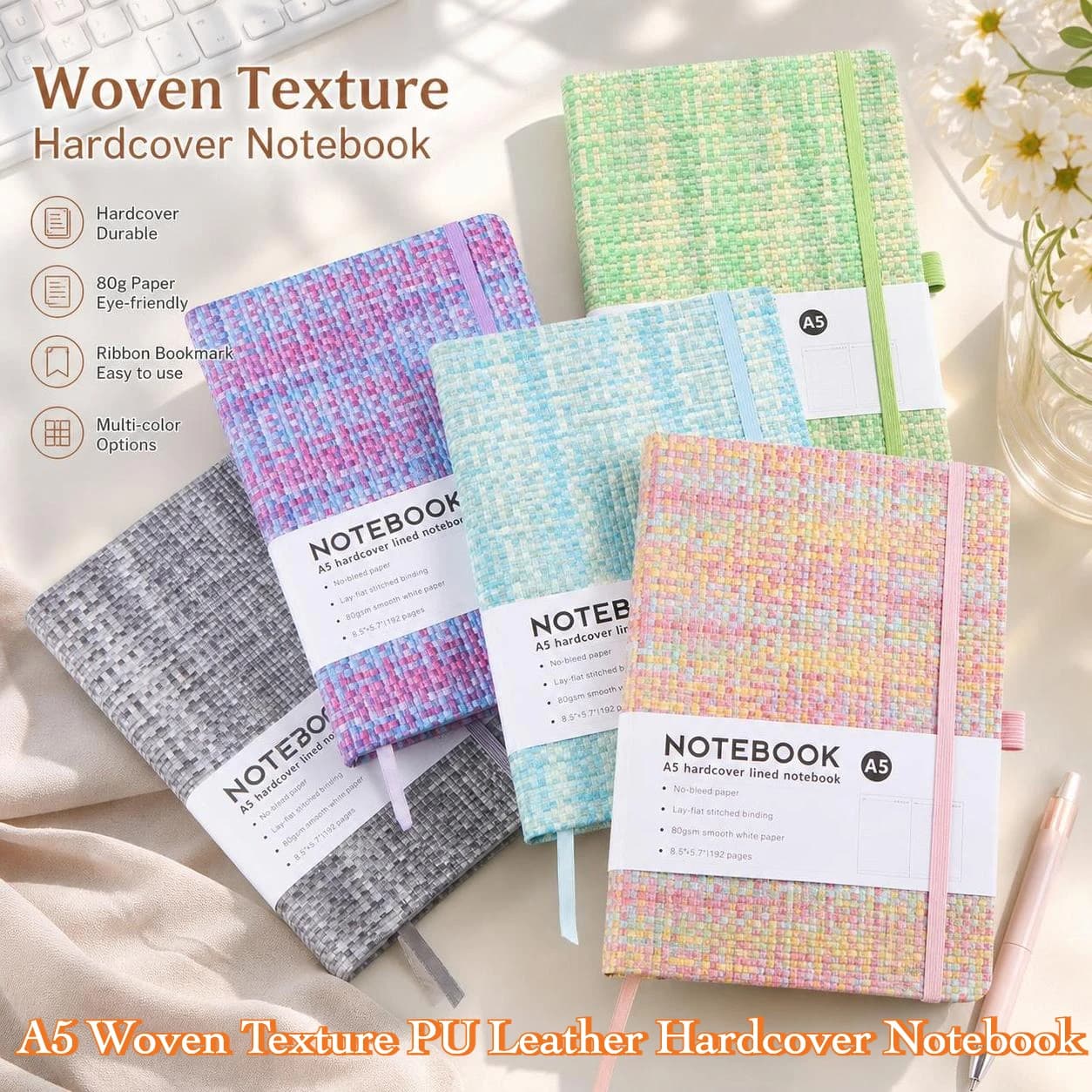 A5 Linen Woven Texture PU Leather Notebook Elastic Band Journal Portable Daily Planner School Office Stationery Supplies