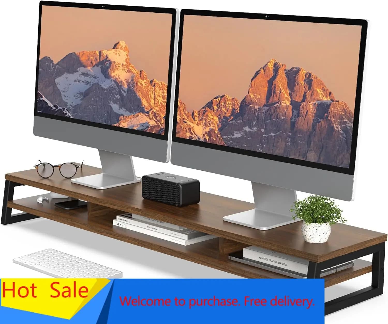 Supporto per Doppio Monitor da Scrivania, Rialzo per 2 Monitor da 42,5 Pollici, Ripiano a 2 Livelli per Ufficio, Organizzatore da Scrivania