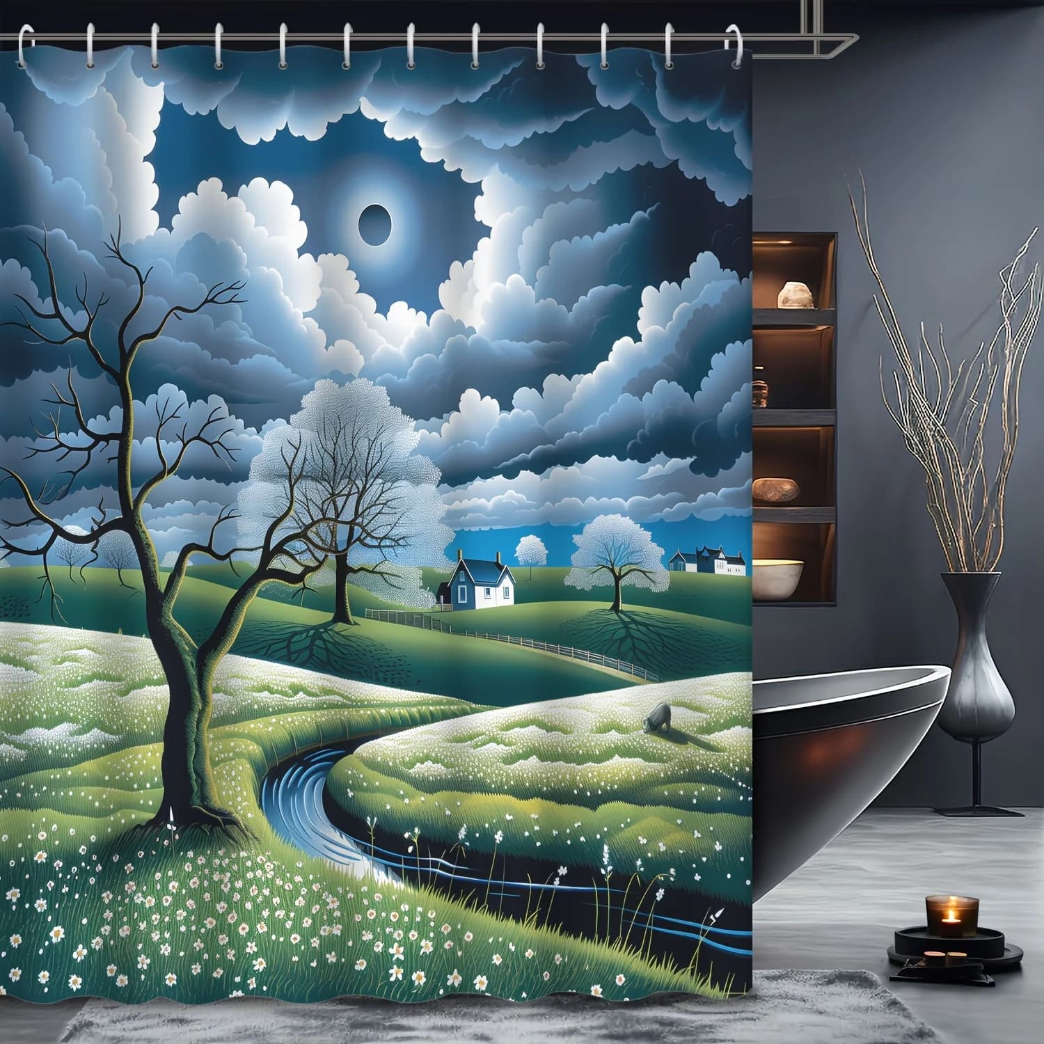 Tenda da doccia Cartoon Night Farm, albero del fiume, poliestere, 12 ganci, arredamento per il bagno