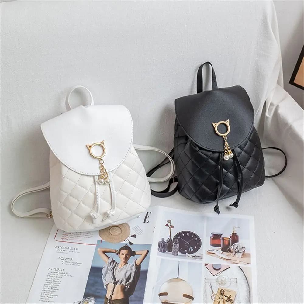 Women Small Casual Backpack PU Leather Student Bookbags Drawstring