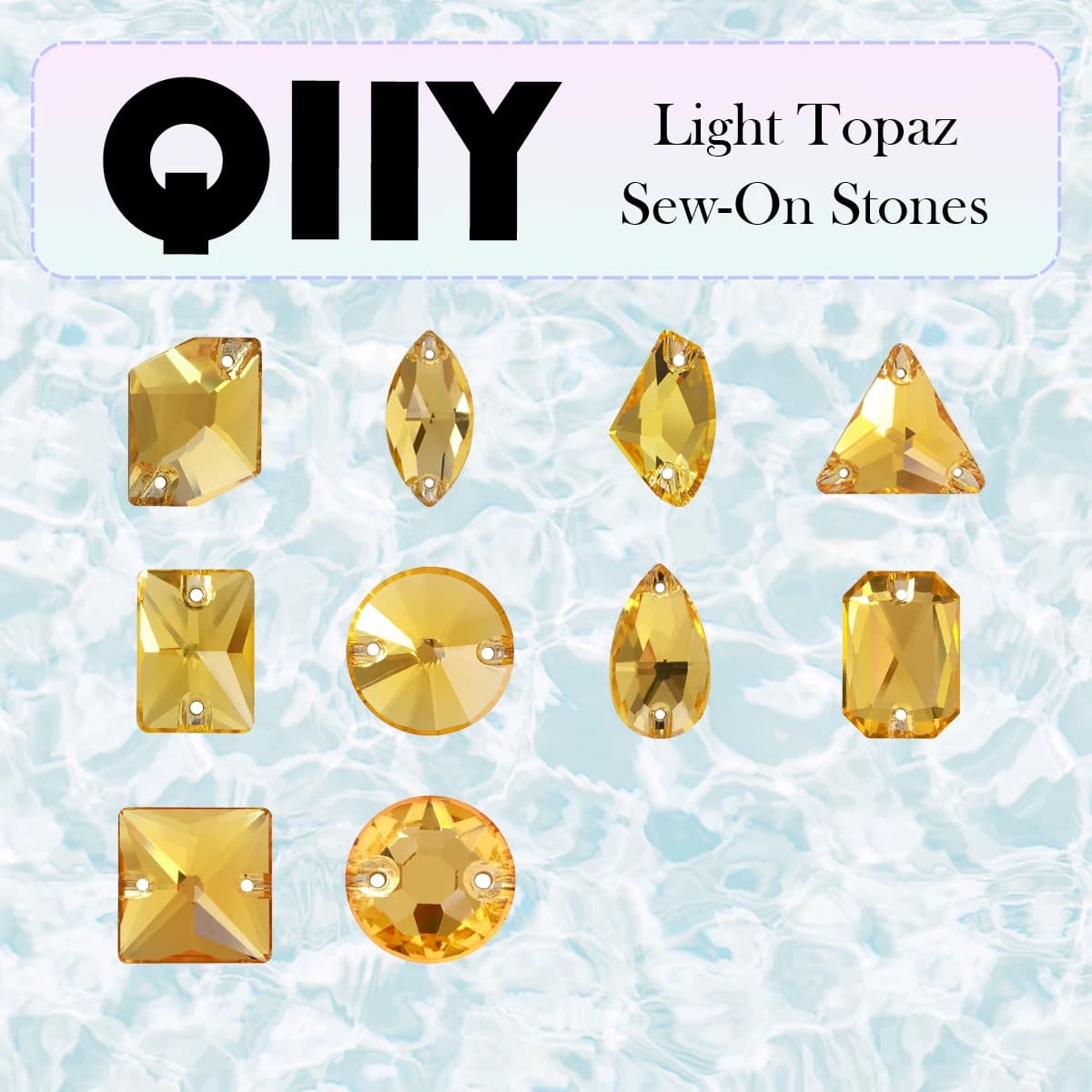 QIIY Light Topaz Glitter Glass Rhinestones Flatbase Drop Sew-On Stones with Holes for DIY Hand Sewing Clothing Bag Decoration