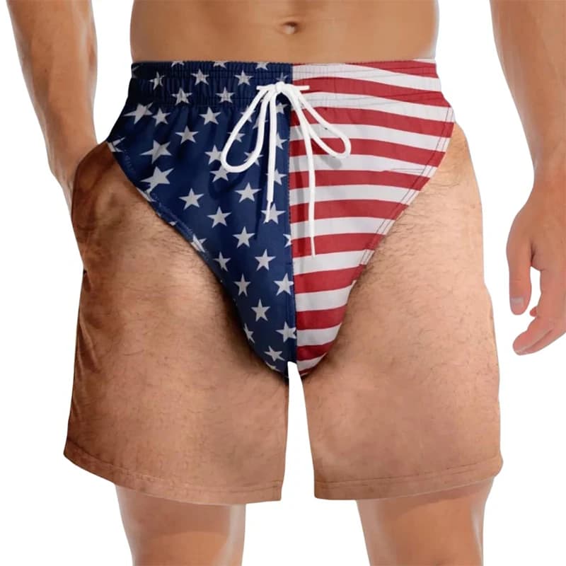 Men Funny USA Stars Stripes Print Briefs Beach Shorts 4th Of July Hairy Legs Graphic Swim Trunks Quick Dry With Side Pockets